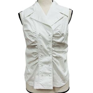 Mishca White ruched Sleeveless Collared Button Front Blouse Top Size Small